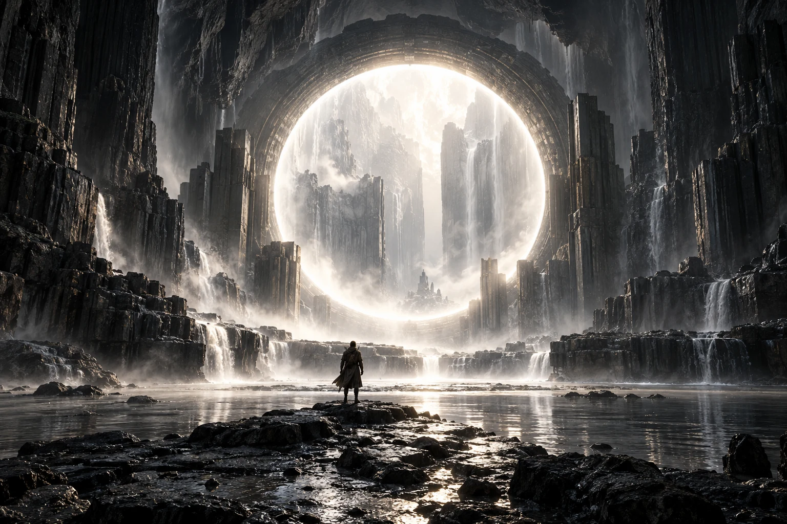 An explorer facing a luminous portal in a dark cavern