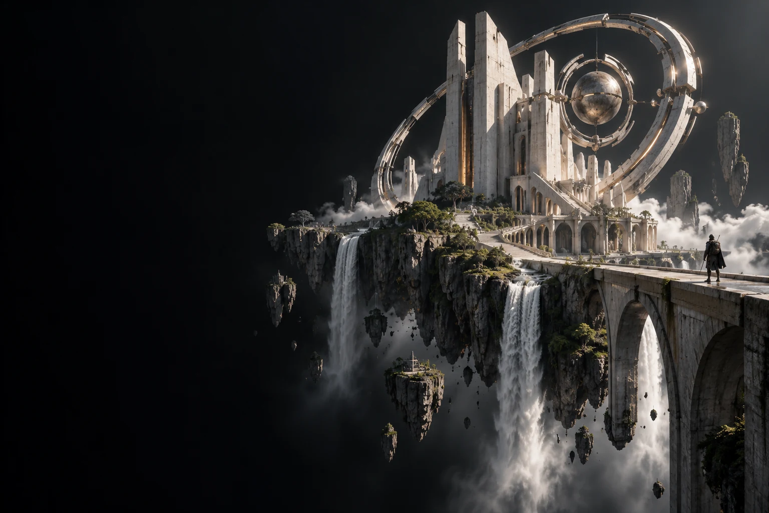 A floating architectural game world with an orbital ring