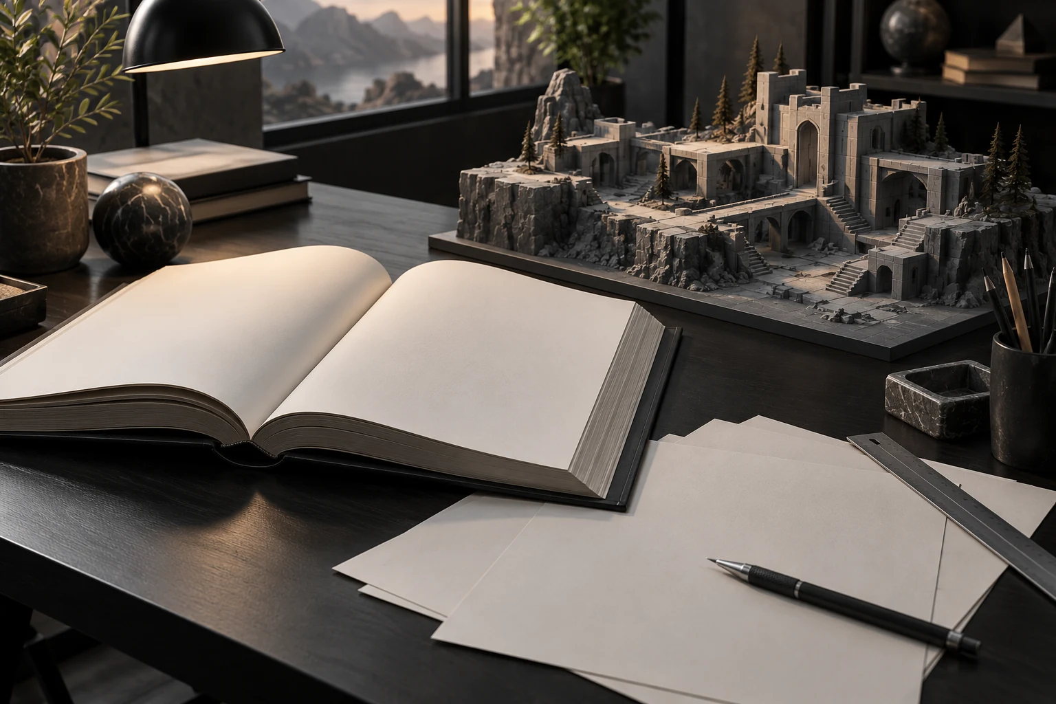 An open coursebook, worksheets and a miniature game-level model