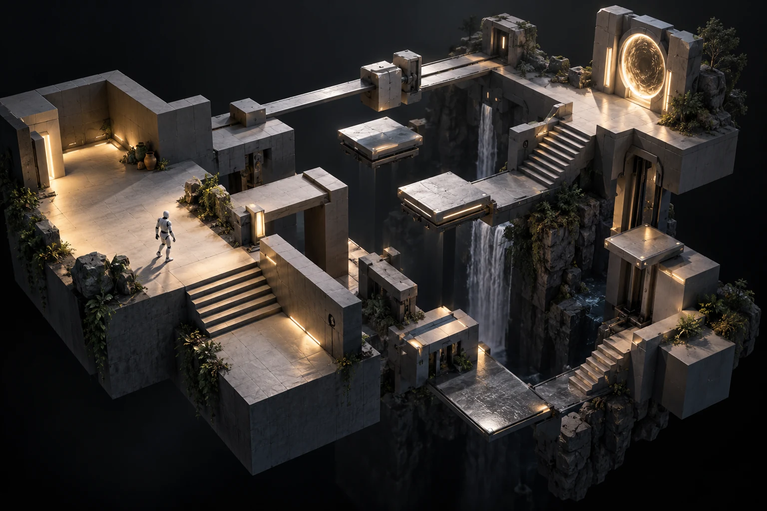 An isometric graybox level with platforms and stairs