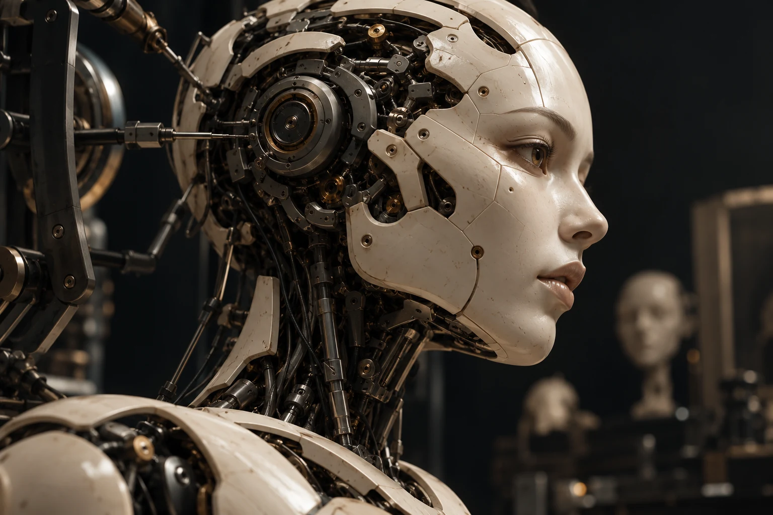 An intricately constructed robot head in a dark studio