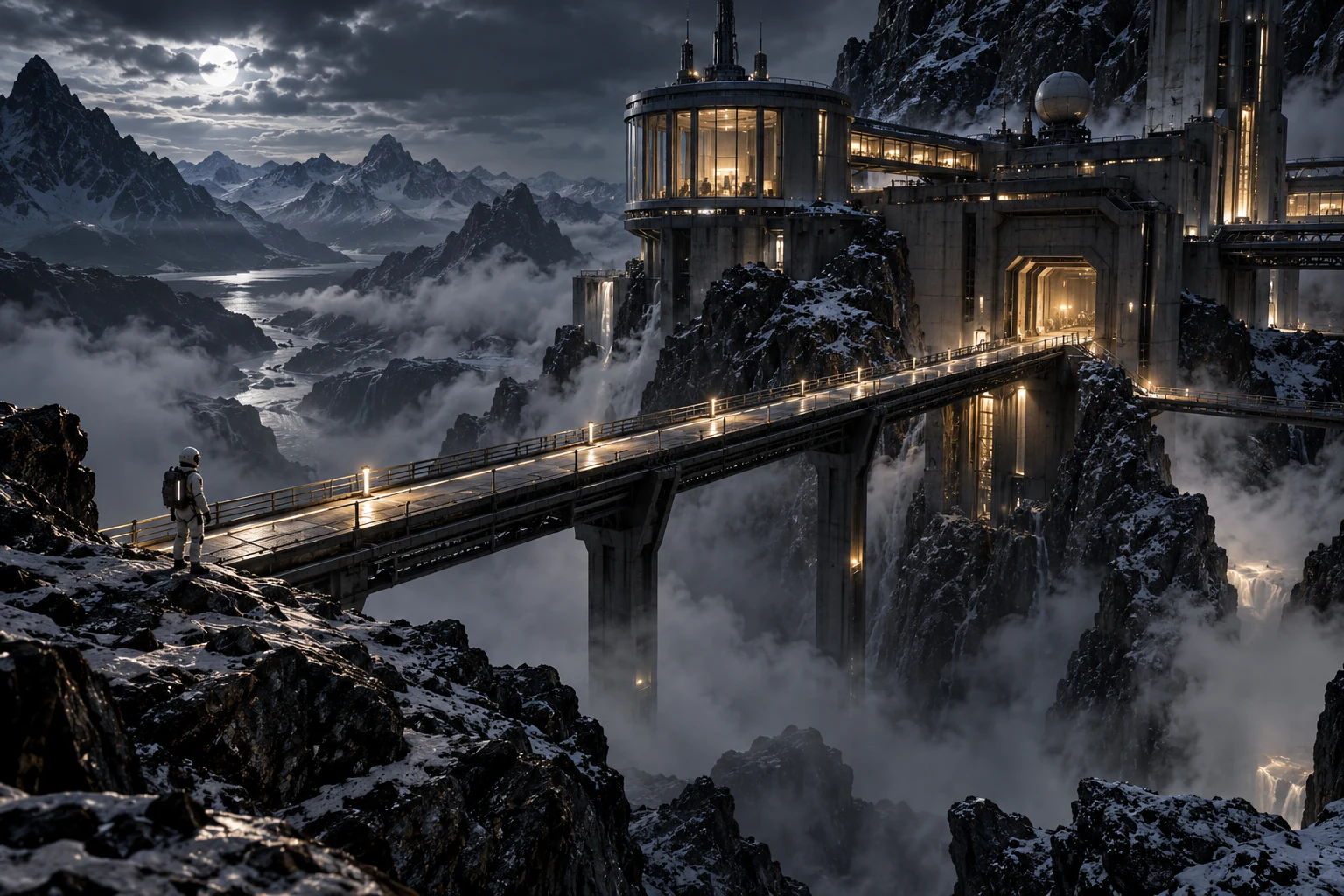 A remote game-world research station linked by a narrow bridge